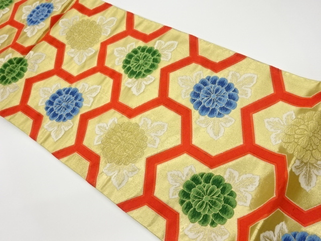 リサイクル　毘沙門亀甲に菊模様織出し袋帯